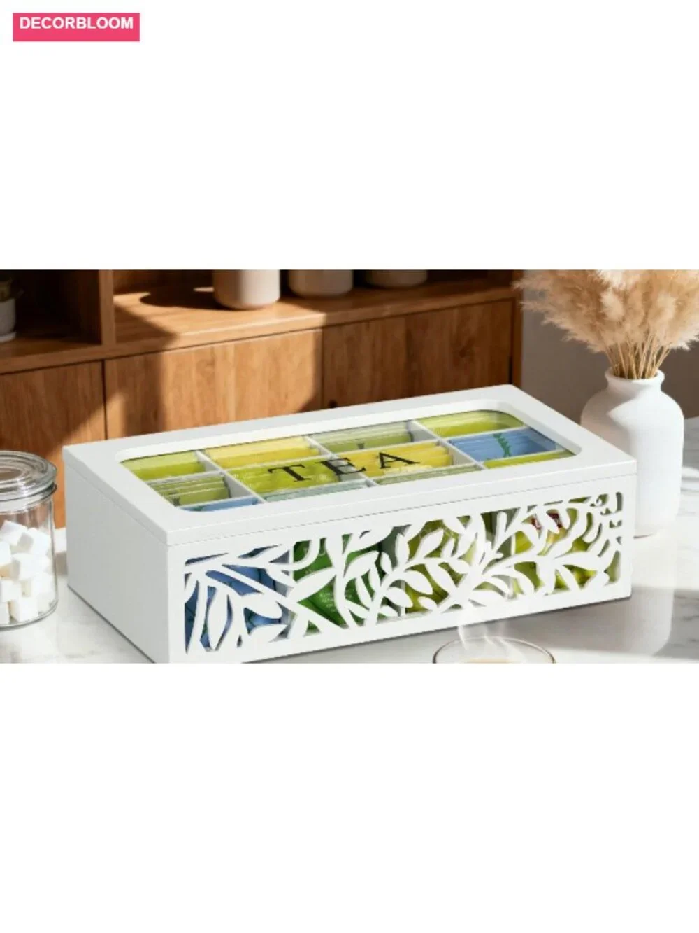 12-Slot Wooden Tea Bag Organizer, Floral Cut Out Lid, Countertop Storage